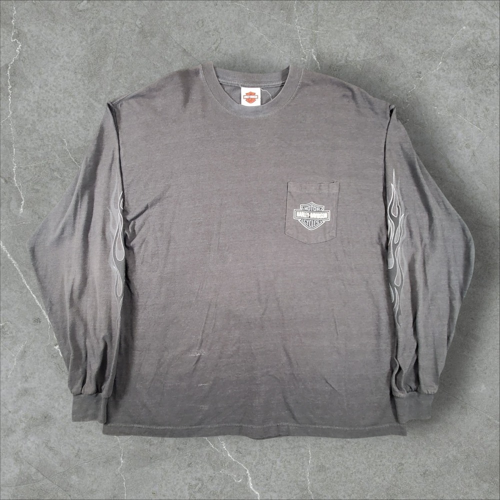 Harley Davidson Long Sleeve Shirt Mens XL Grey 1997 San Francisco Flame Pocket